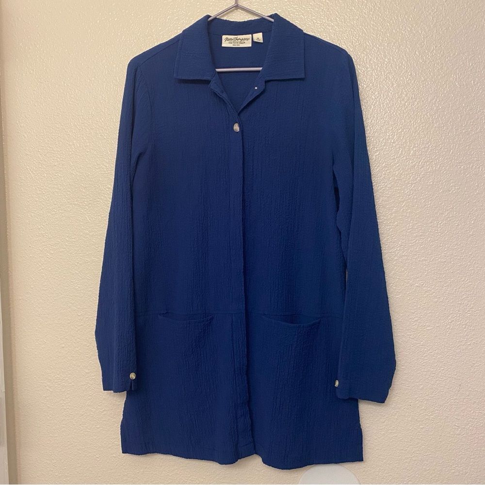 Vintage Norm Thompson blue lightweight button-down tunic blazer shirt M